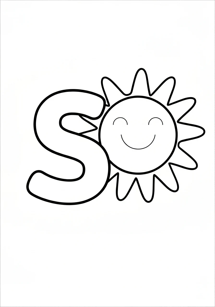 Litera S z słońcem - kolorowanka edukacyjna - kolorowanka line-art do druku