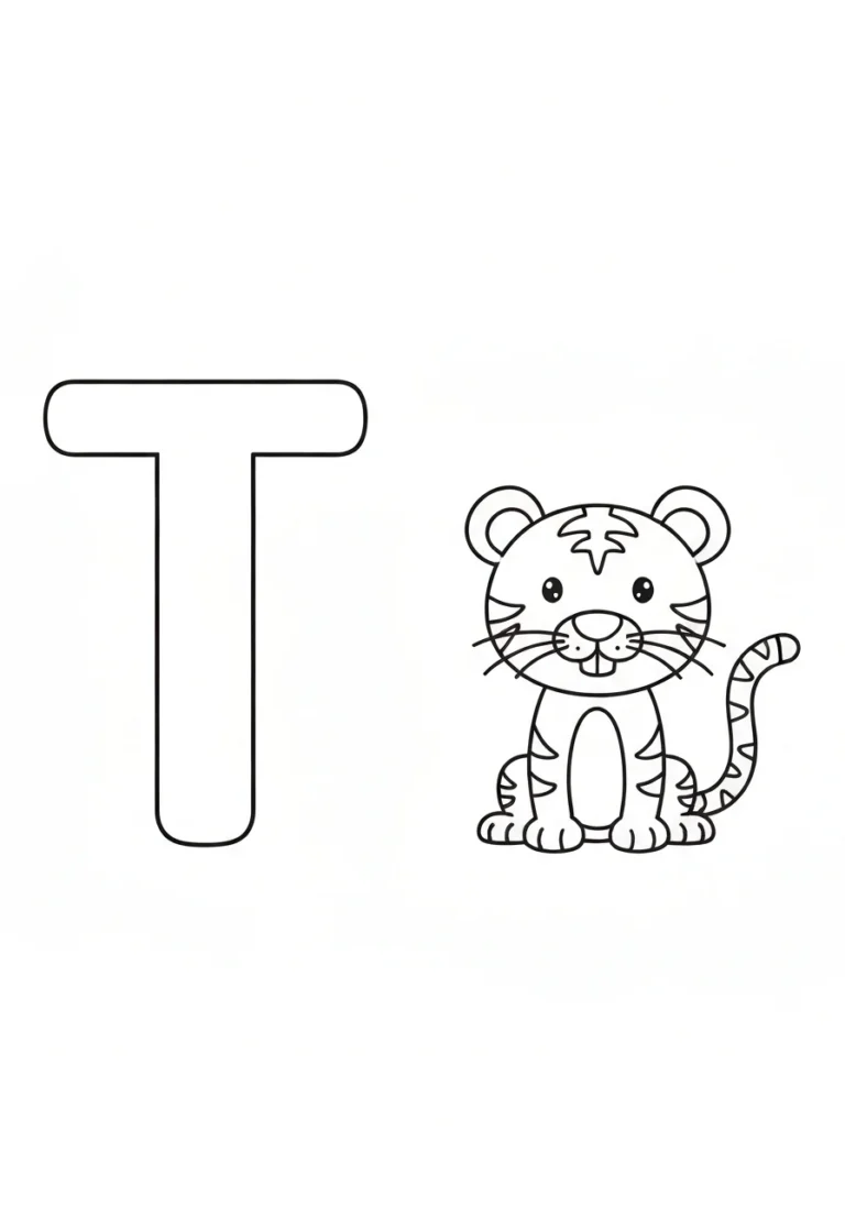 Litera T z tygrysem - kolorowanka alfabet - kolorowanka line-art do druku