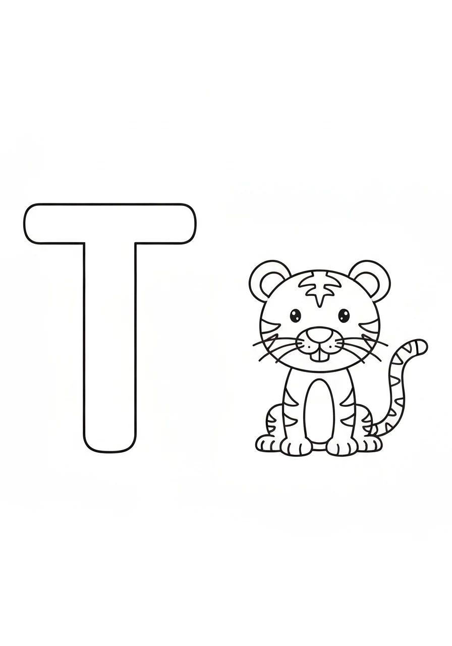 Litera T z tygrysem - kolorowanka alfabet - kolorowanka line-art do druku