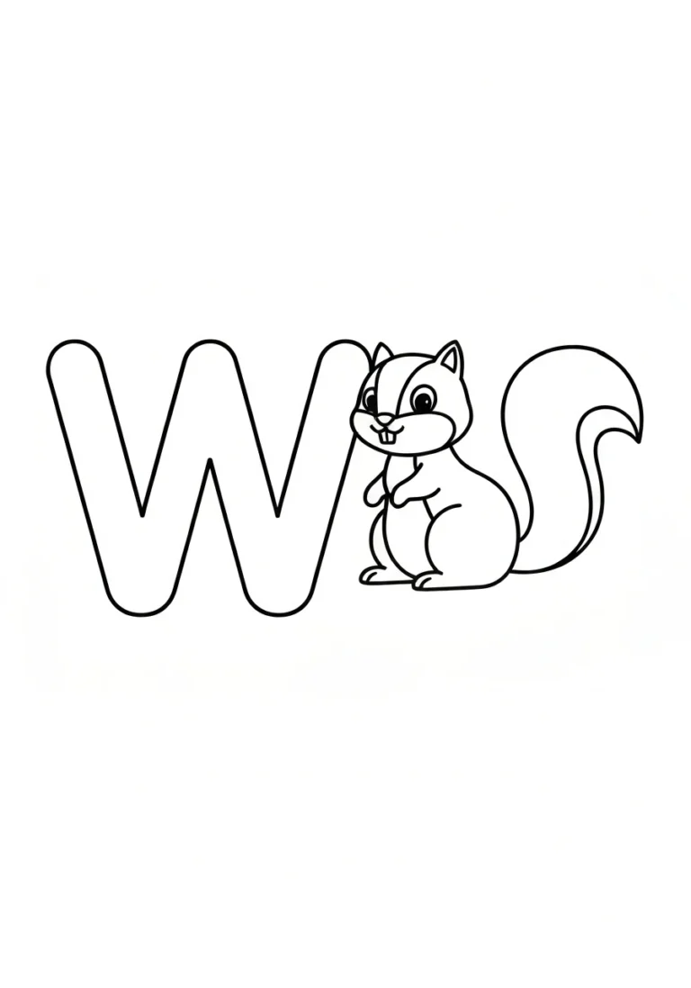 Litera W z wiewiórką - kolorowanka do nauki - kolorowanka line-art do druku