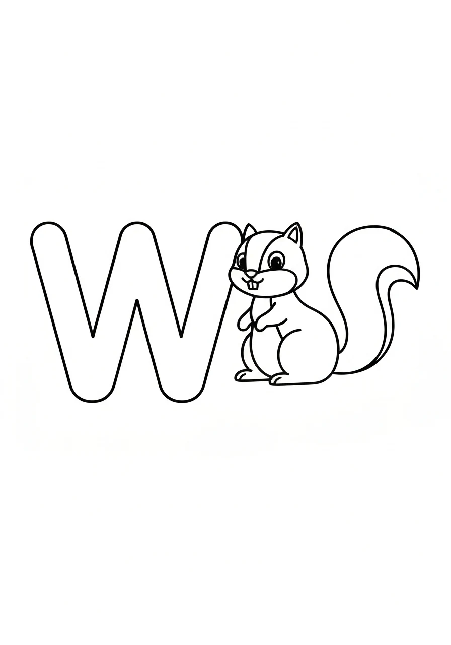 Litera W z wiewiórką - kolorowanka do nauki - kolorowanka line-art do druku