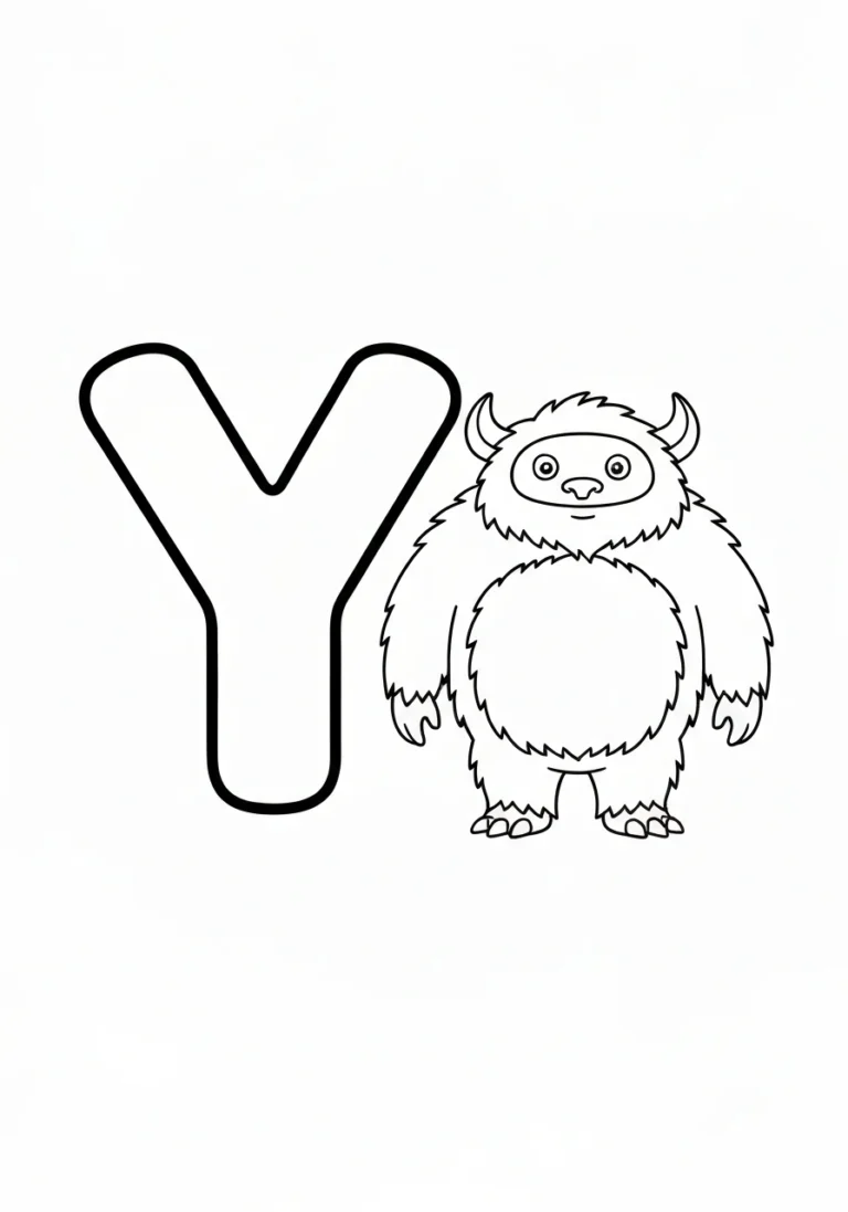 Litera Y z yetii - kolorowanka alfabet - kolorowanka line-art do druku