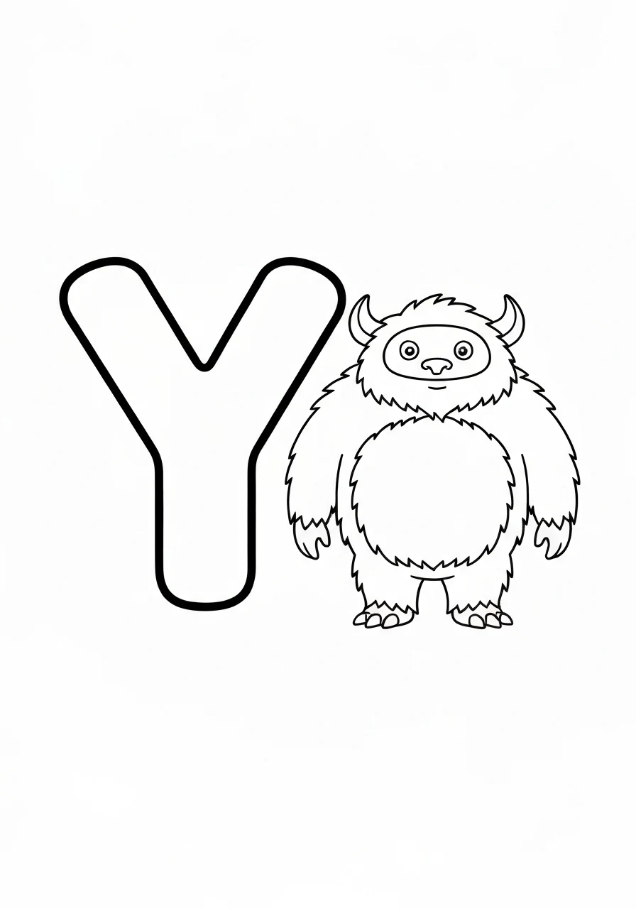 Litera Y z yetii - kolorowanka alfabet - kolorowanka line-art do druku