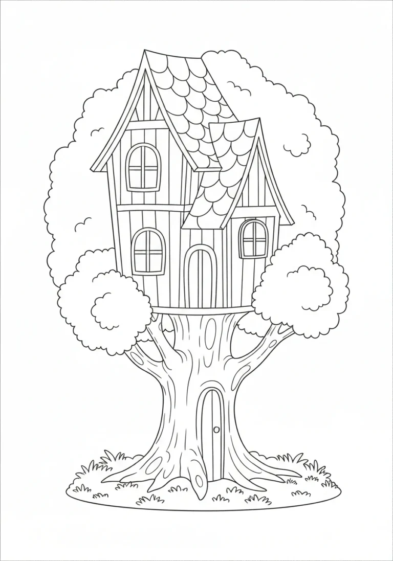 Magiczny domek na drzewie - kolorowanka leśna wróżek - kolorowanka line-art do druku