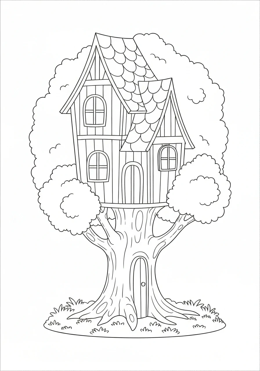 Magiczny domek na drzewie - kolorowanka leśna wróżek - kolorowanka line-art do druku