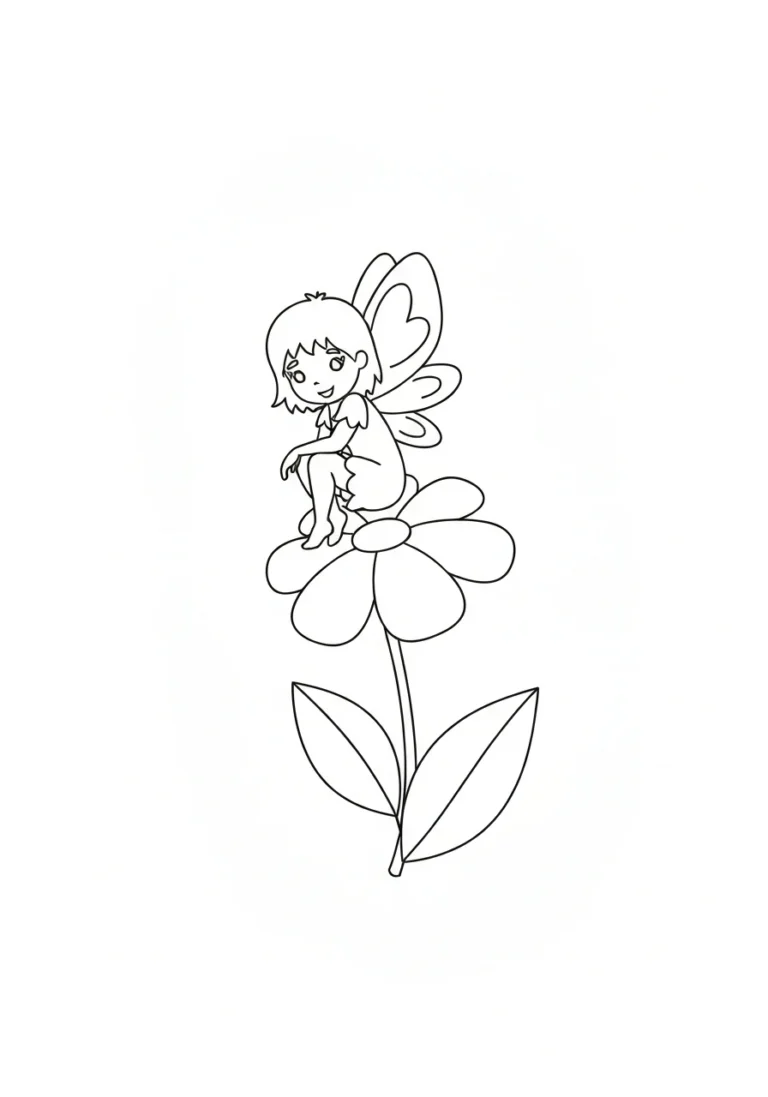 Mała wróżka na kwiatku - kolorowanka delikatna - kolorowanka line-art do druku