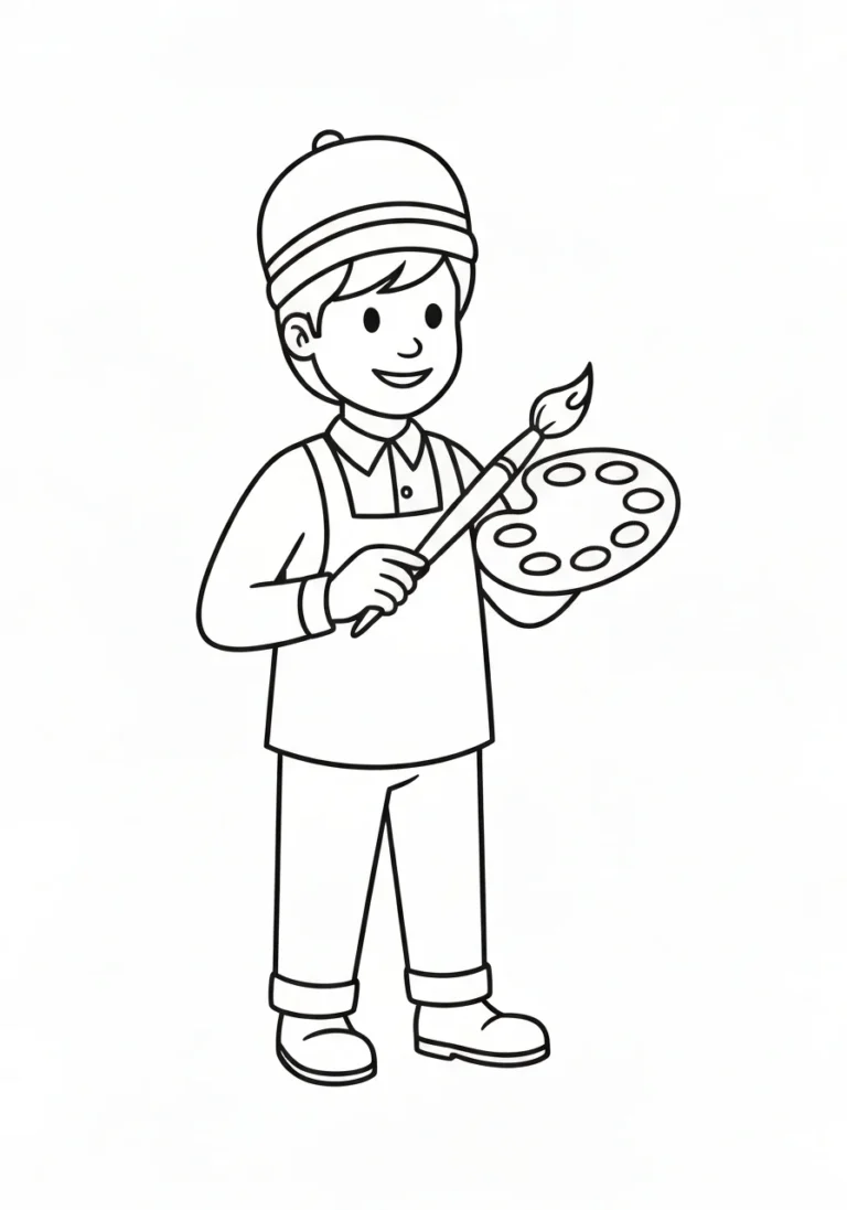 Malarz z paletą - kolorowanka zawód artystyczny - kolorowanka line-art do druku