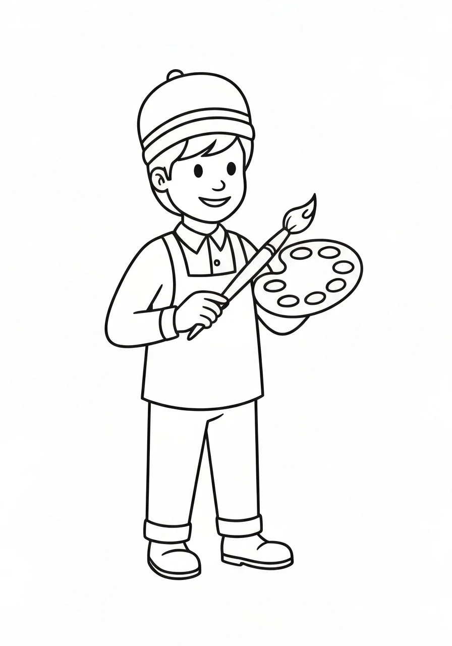 Malarz z paletą - kolorowanka zawód artystyczny - kolorowanka line-art do druku