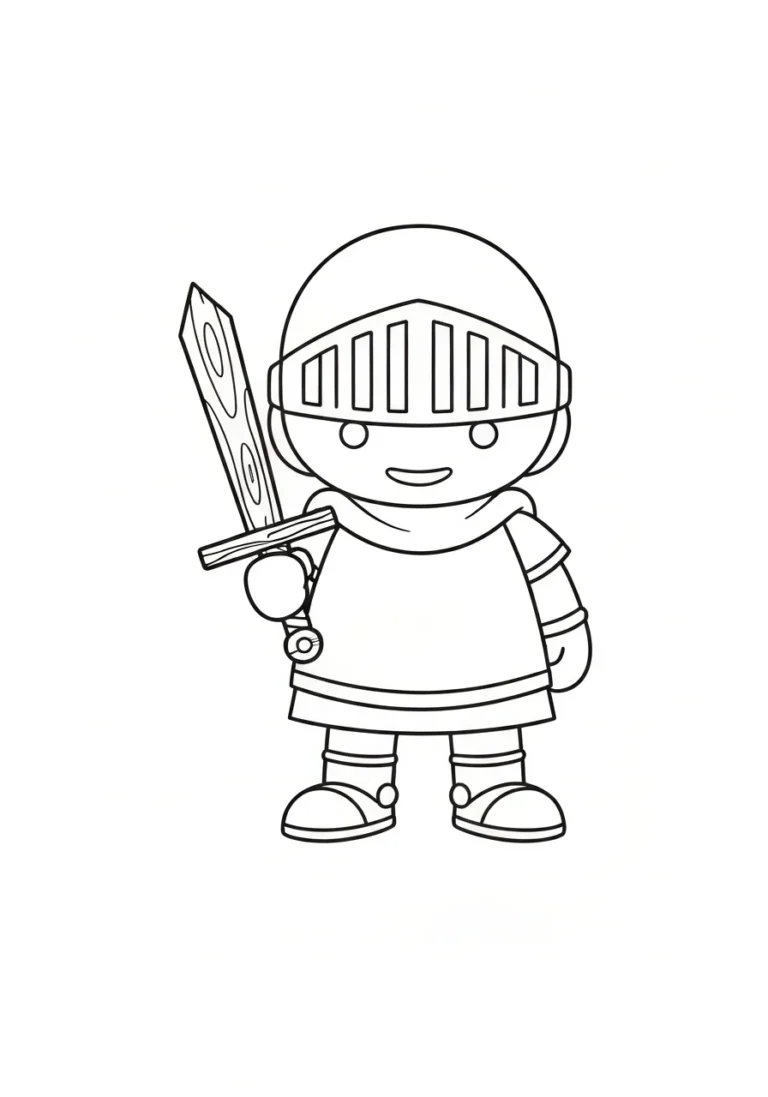 Mały rycerz z drewnianym mieczem - kolorowanka dla 4-latków - kolorowanka line-art do druku