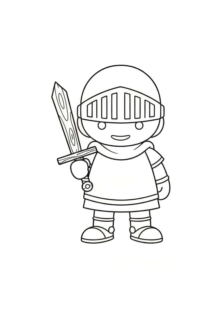 Mały rycerz z drewnianym mieczem - kolorowanka dla 4-latków - kolorowanka line-art do druku