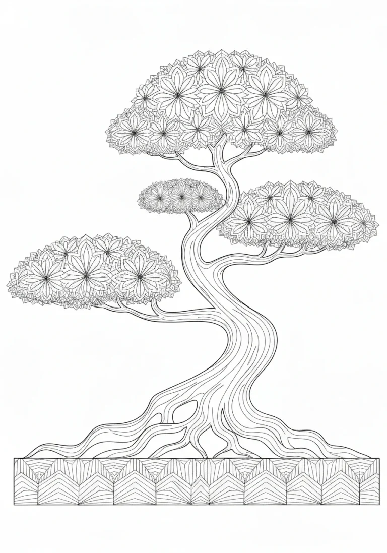 Mandala bonsai - japoński motyw drzewa - kolorowanka line-art do druku