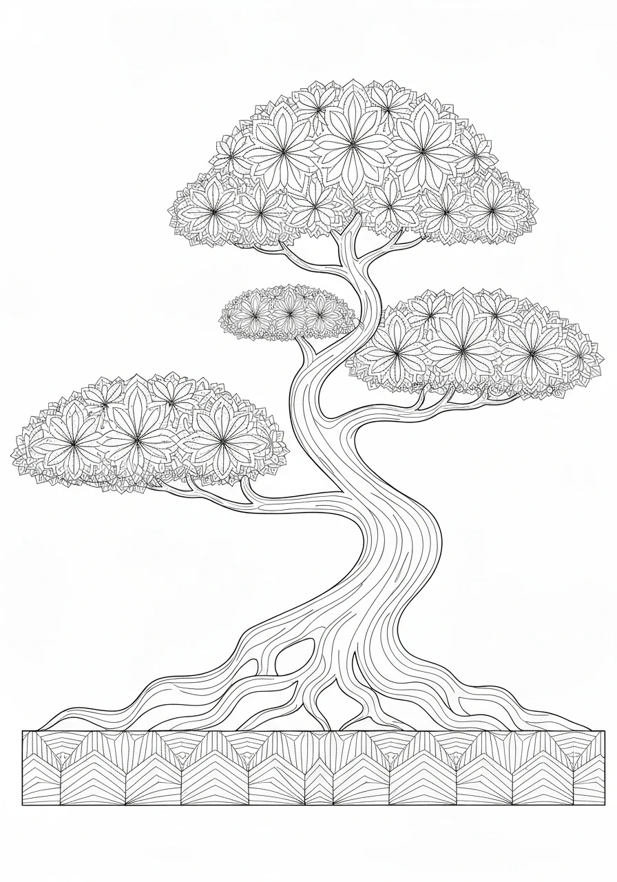 Mandala bonsai - japoński motyw drzewa - kolorowanka line-art do druku