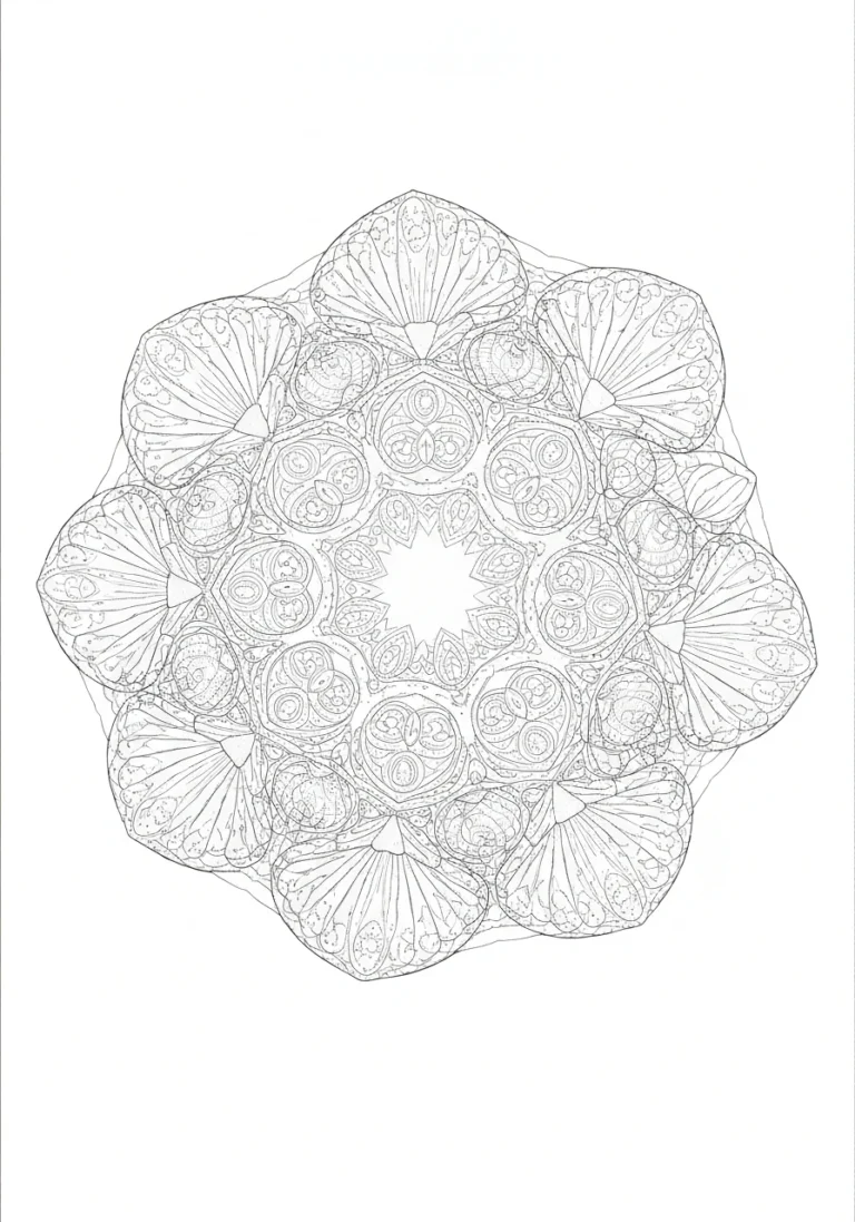 Mandala letnia z muszlami - wakacyjny motyw - kolorowanka line-art do druku