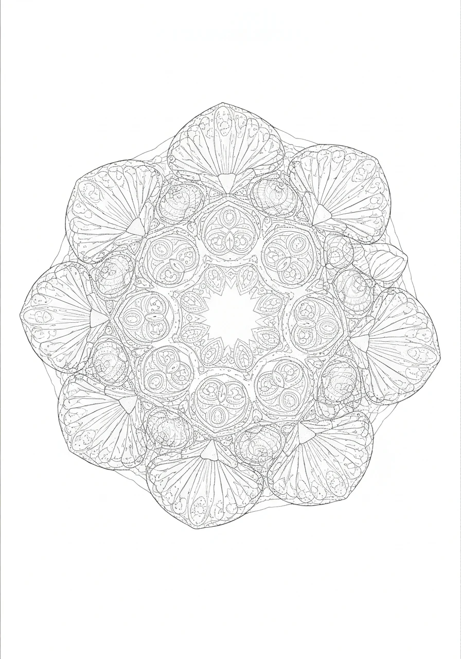 Mandala letnia z muszlami - wakacyjny motyw - kolorowanka line-art do druku