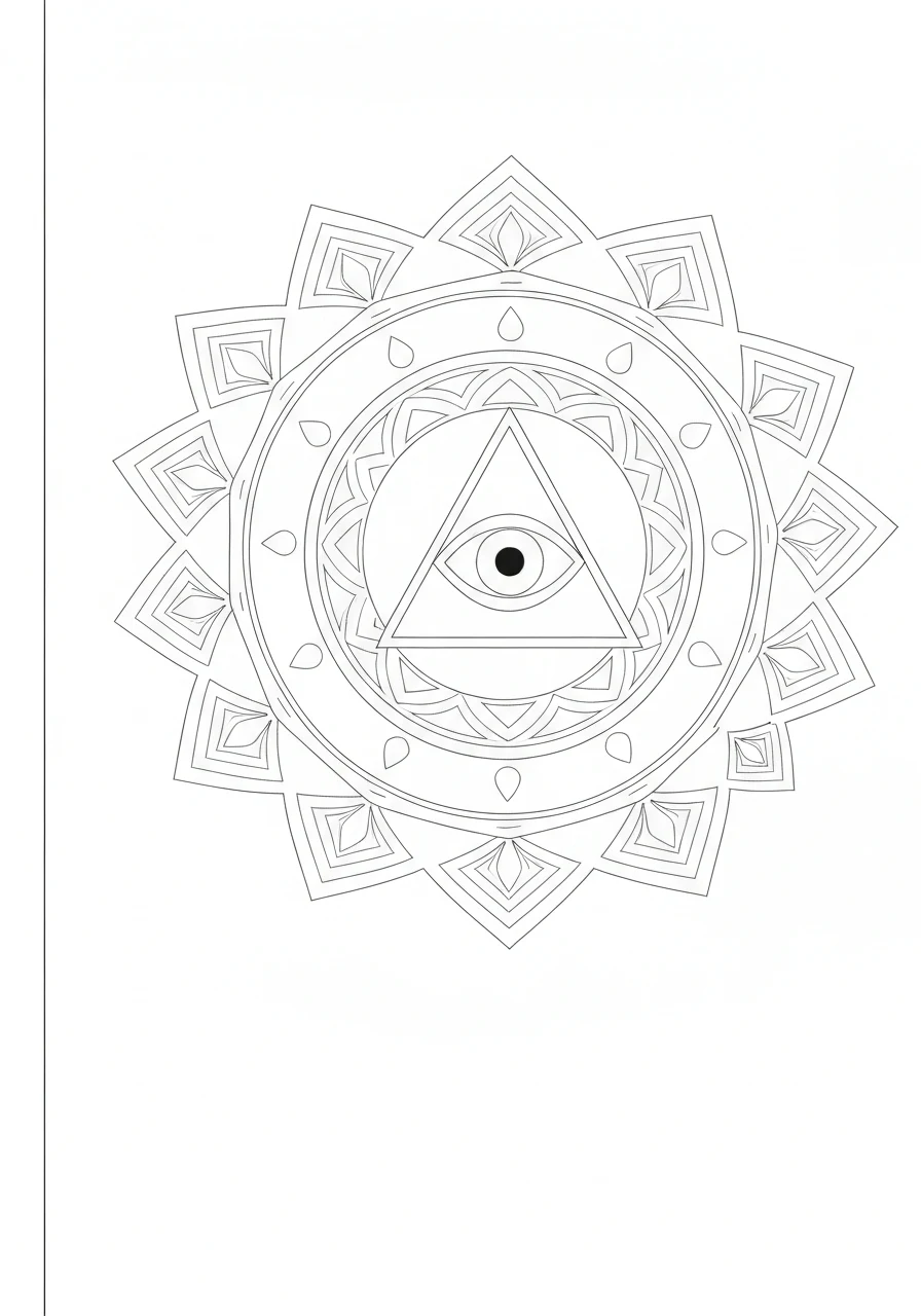 Mandala oka opatrzności - symboliczna kolorowanka - kolorowanka line-art do druku