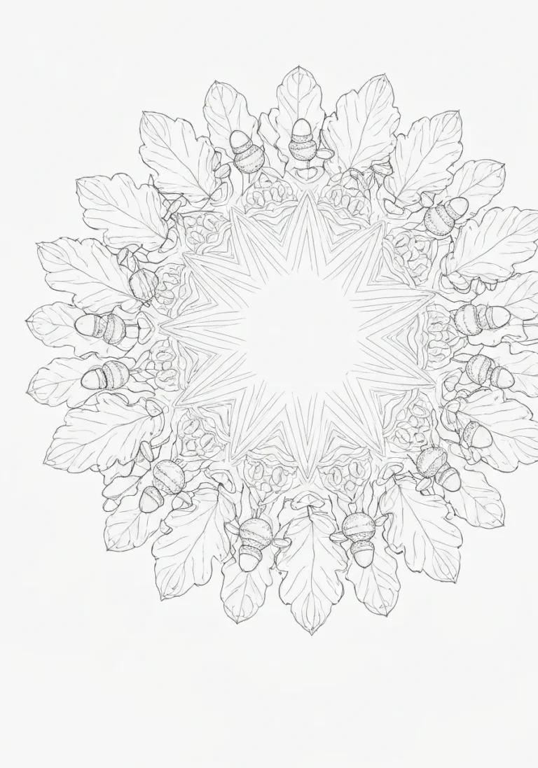 Mandala z liśćmi dębu - jesienna kolorowanka - kolorowanka line-art do druku