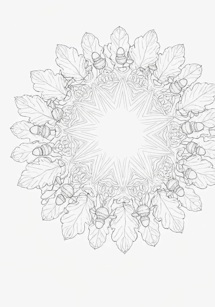 Mandala z liśćmi dębu - jesienna kolorowanka - kolorowanka line-art do druku