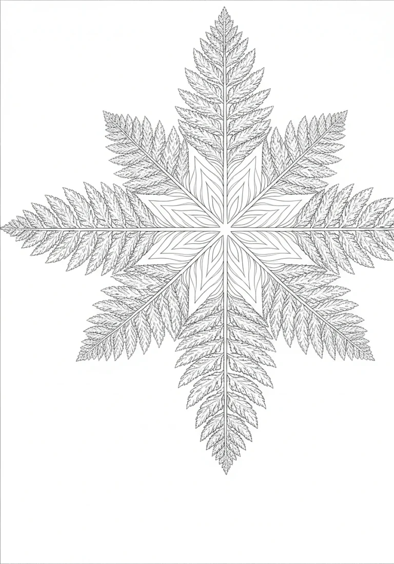 Mandala z liśćmi paproci - botaniczna kolorowanka - kolorowanka line-art do druku