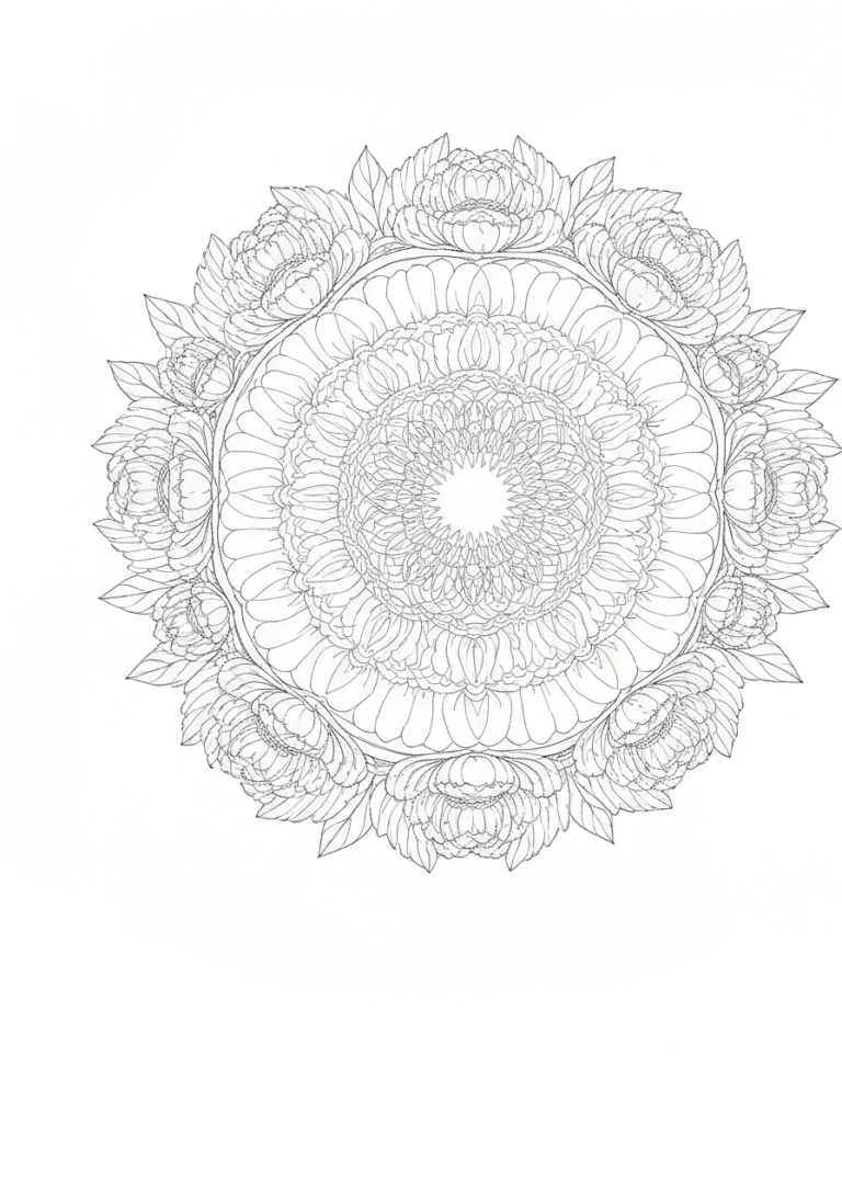 Mandala z piwoniami - delikatna kolorowanka - kolorowanka line-art do druku