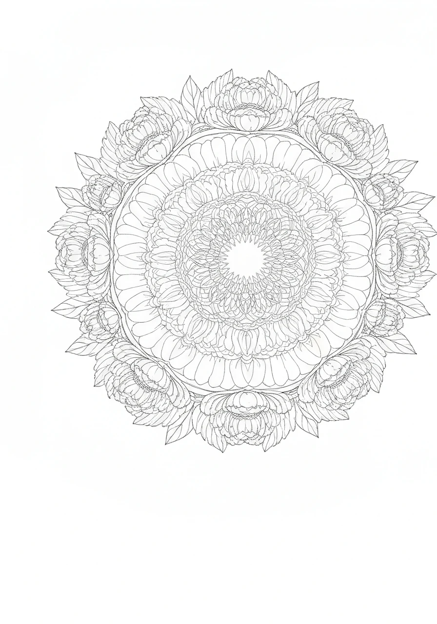 Mandala z piwoniami - delikatna kolorowanka - kolorowanka line-art do druku