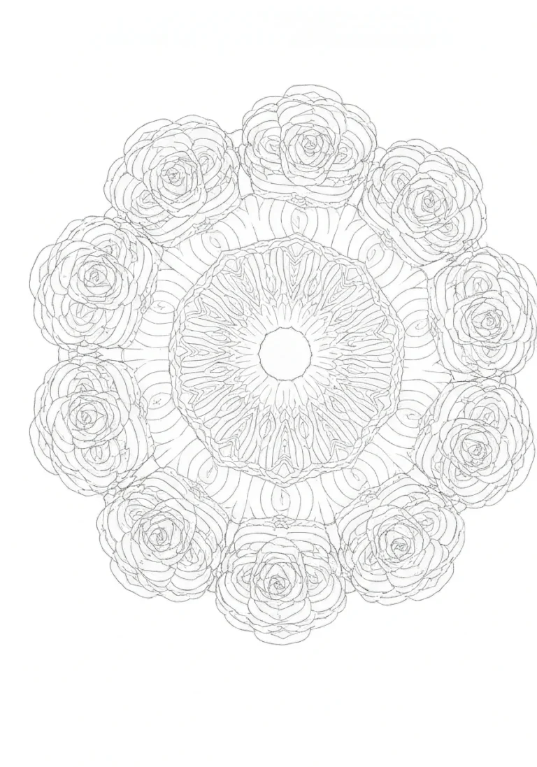 Mandala z różami w pełnym rozkwicie - wzór szczegółowy - kolorowanka line-art do druku
