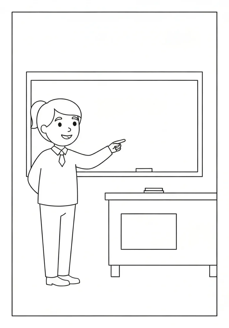 Nauczyciel przy tablicy - kolorowanka zawodowa - kolorowanka line-art do druku