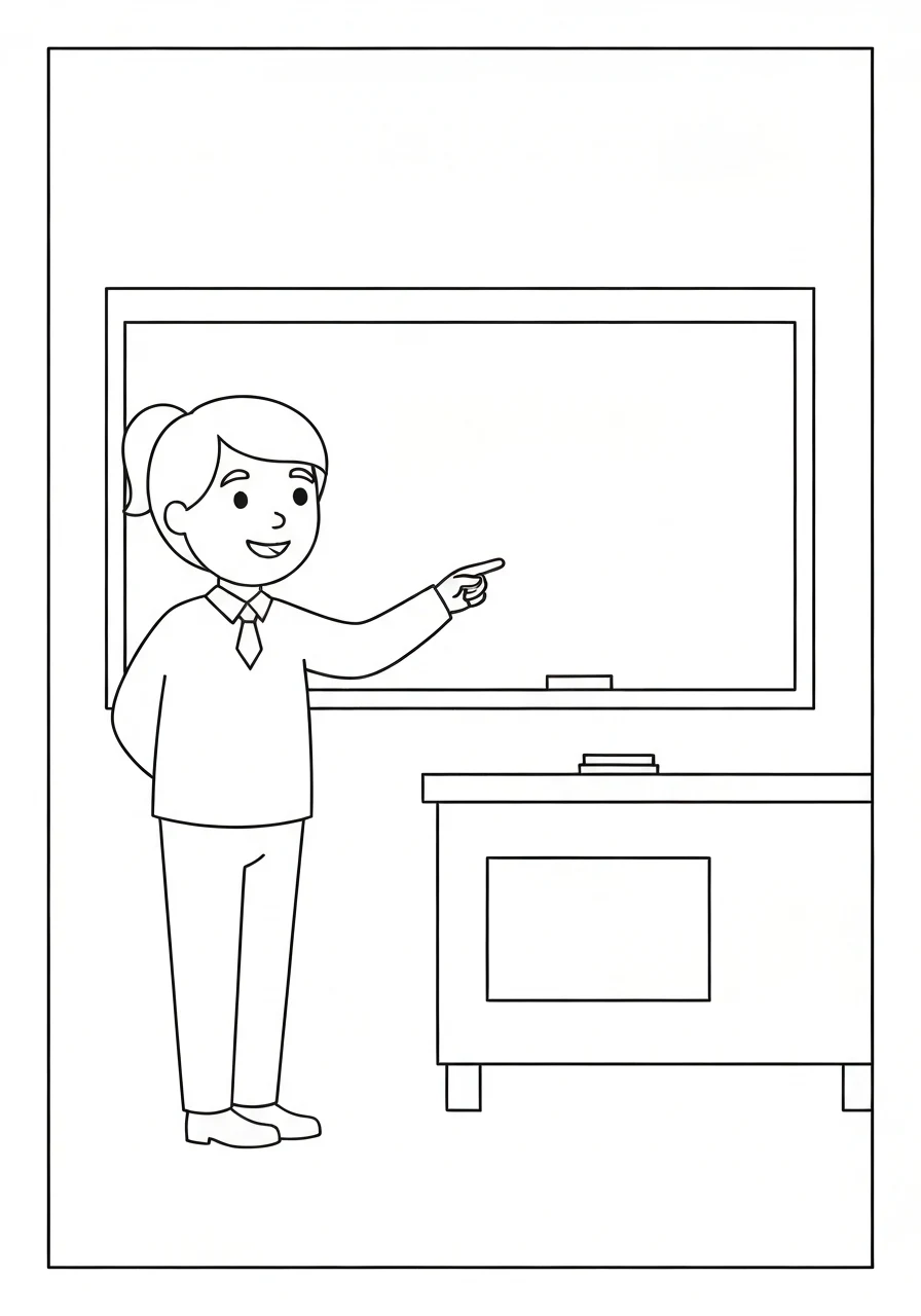 Nauczyciel przy tablicy - kolorowanka zawodowa - kolorowanka line-art do druku
