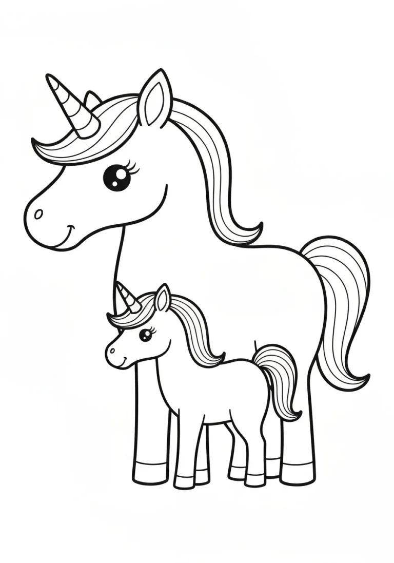 Para jednorożców rodzic i dziecko - kolorowanka rodzinna - kolorowanka line-art do druku