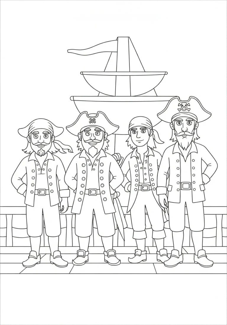 Piracka załoga na pokładzie - kolorowanka grupowa - kolorowanka line-art do druku