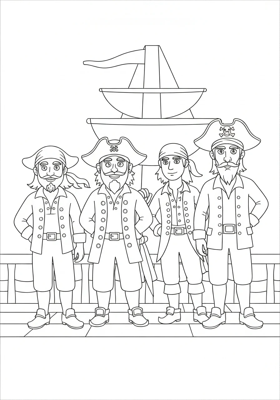 Piracka załoga na pokładzie - kolorowanka grupowa - kolorowanka line-art do druku