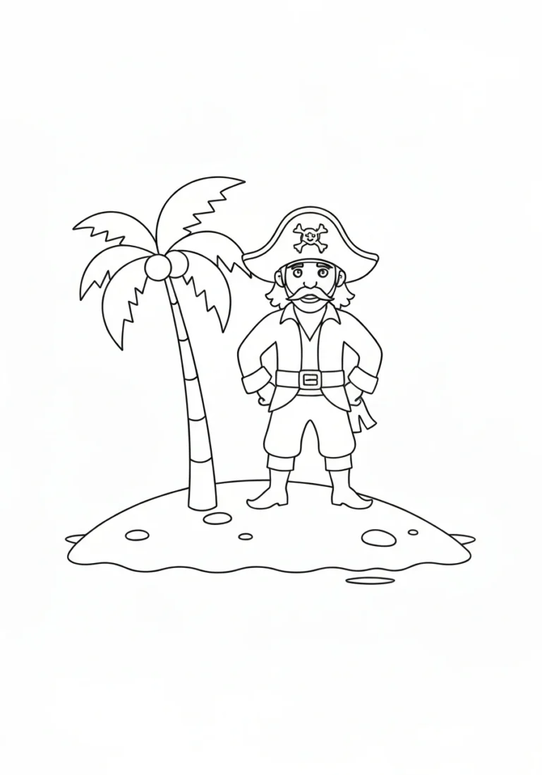 Pirat na bezludnej wyspie - line-art przygodowy - kolorowanka line-art do druku