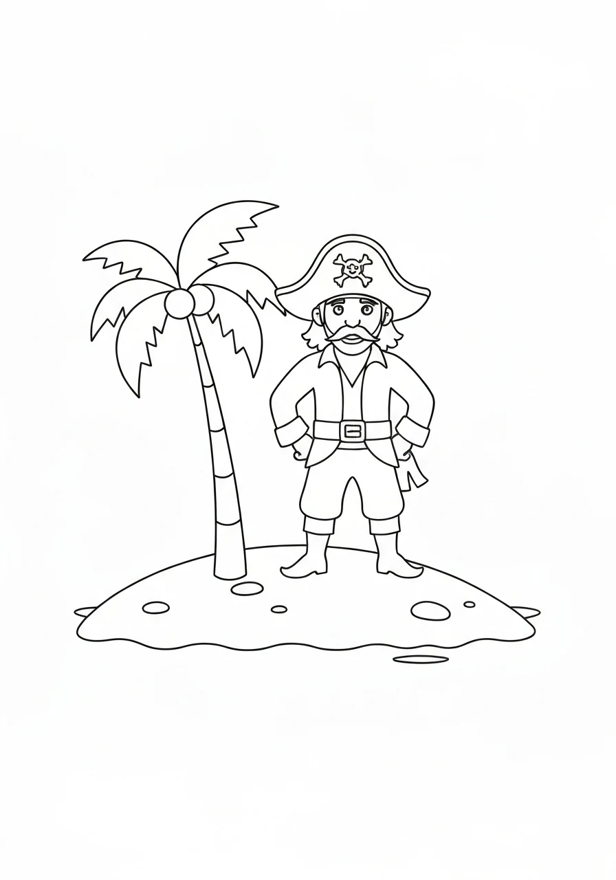 Pirat na bezludnej wyspie - line-art przygodowy - kolorowanka line-art do druku