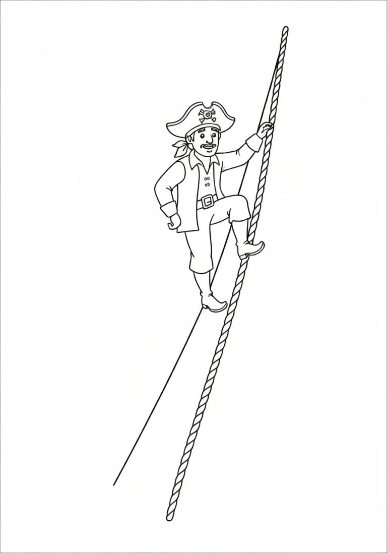 Pirat wspina się po linach - kolorowanka akcji - kolorowanka line-art do druku
