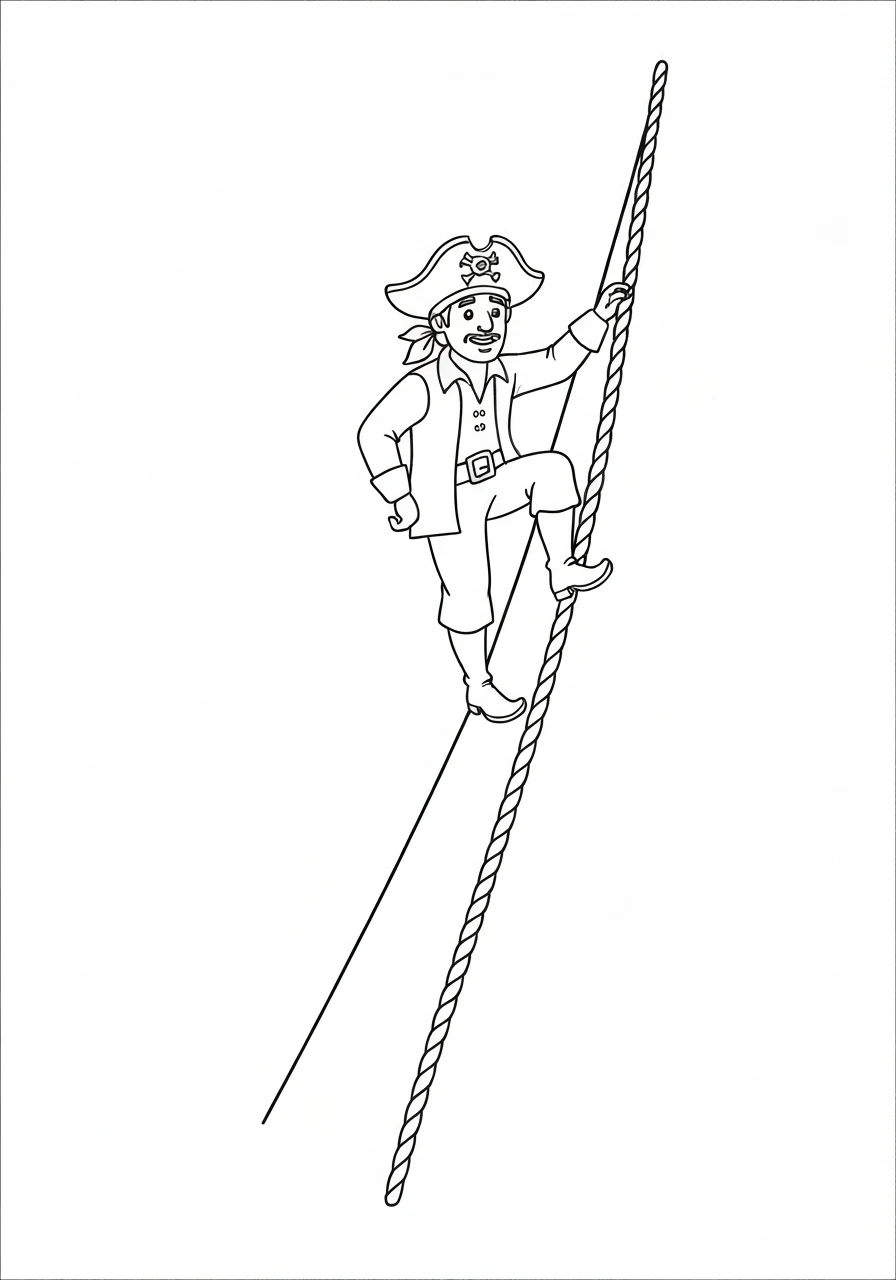 Pirat wspina się po linach - kolorowanka akcji - kolorowanka line-art do druku