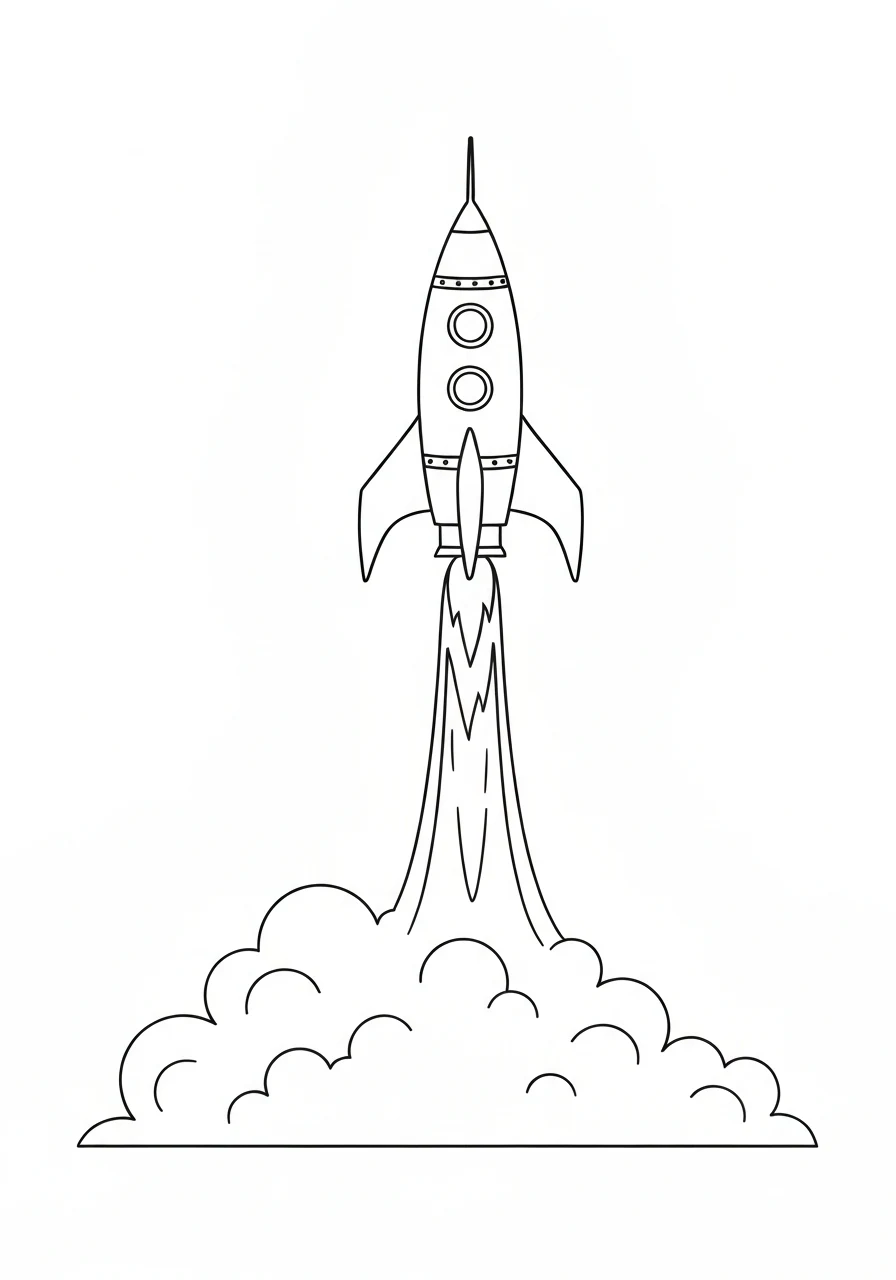 Rakieta kosmiczna z dymem - kolorowanka dla maluchów - kolorowanka line-art do druku
