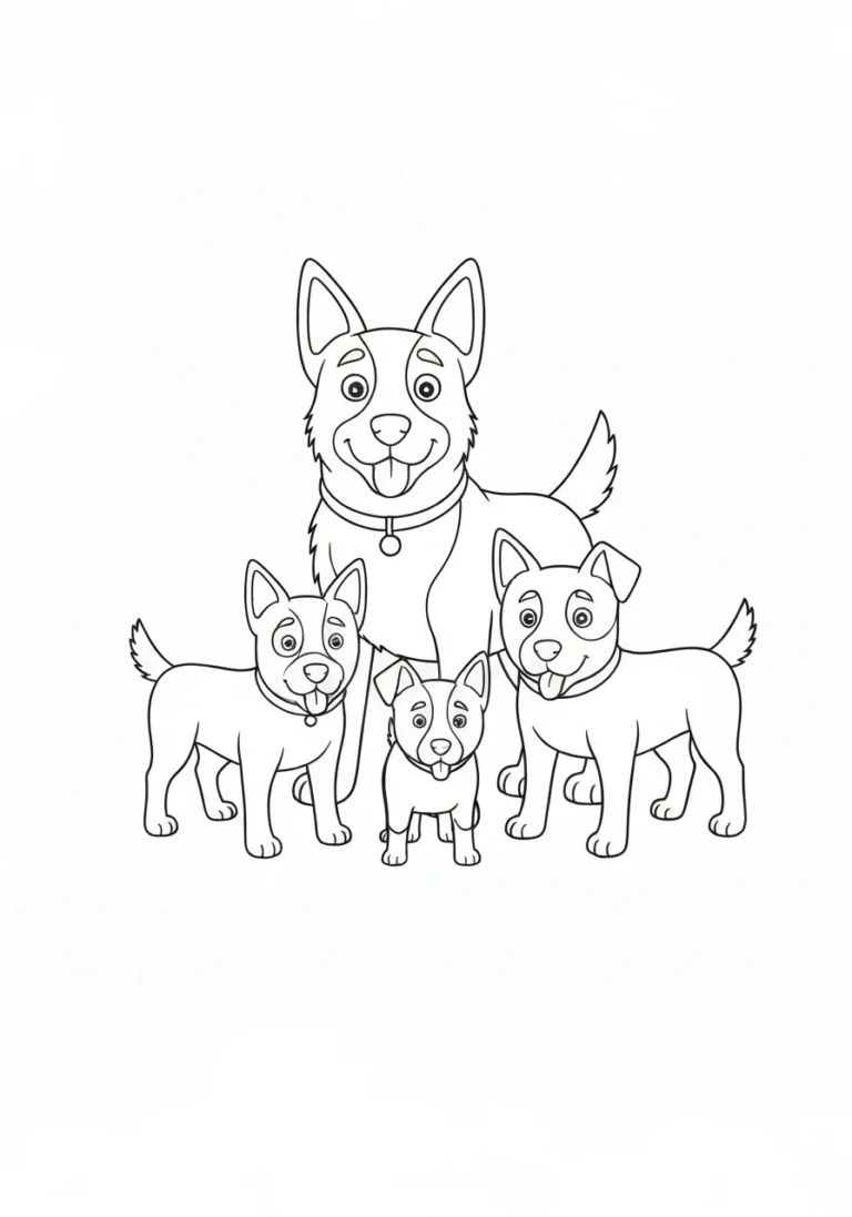 Rodzina Heeler z Bluey - kolorowanka rodzinna - kolorowanka line-art do druku