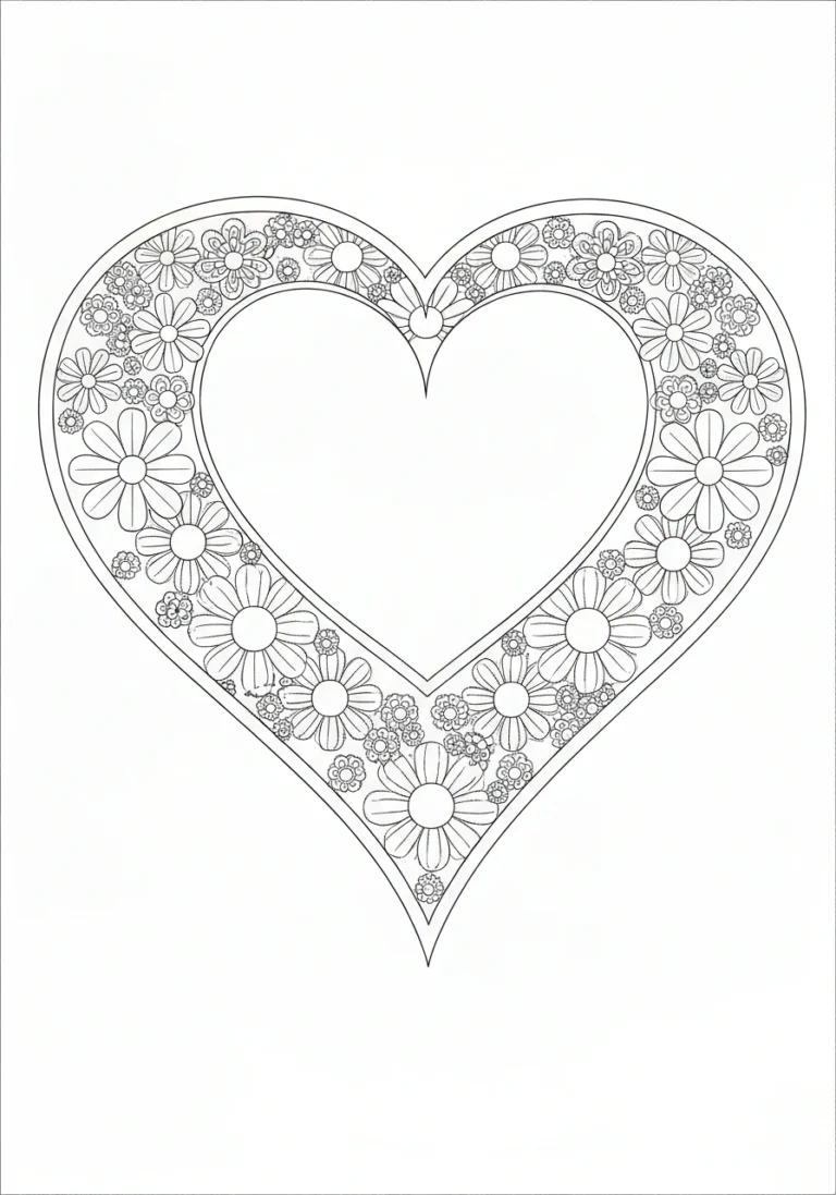 Serce z motywem kwiatów - mandala walentynki - kolorowanka line-art do druku