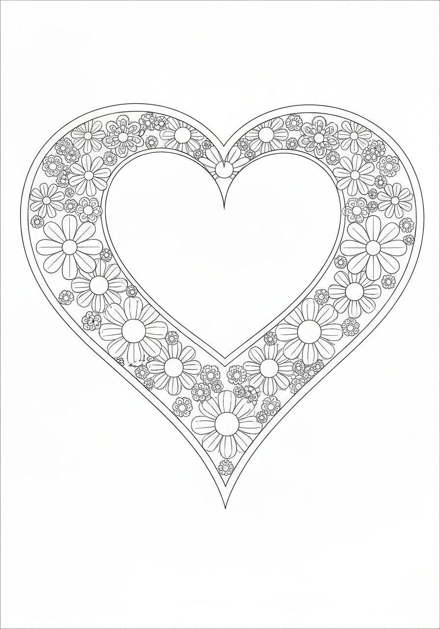 Serce z motywem kwiatów - mandala walentynki - kolorowanka line-art do druku