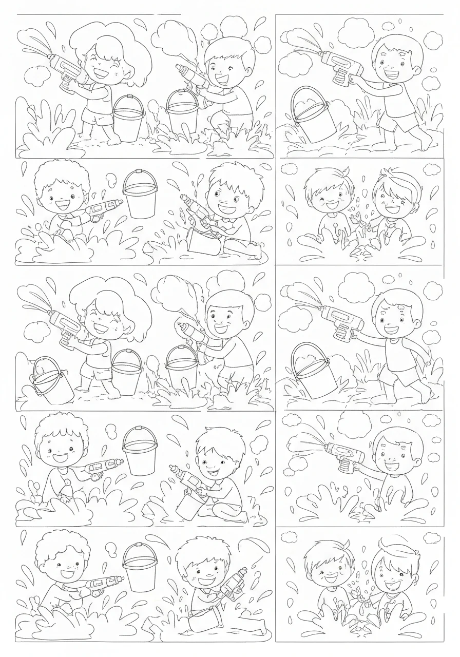 Śmigus dyngus - dzieci z wodą - kolorowanka - kolorowanka line-art do druku