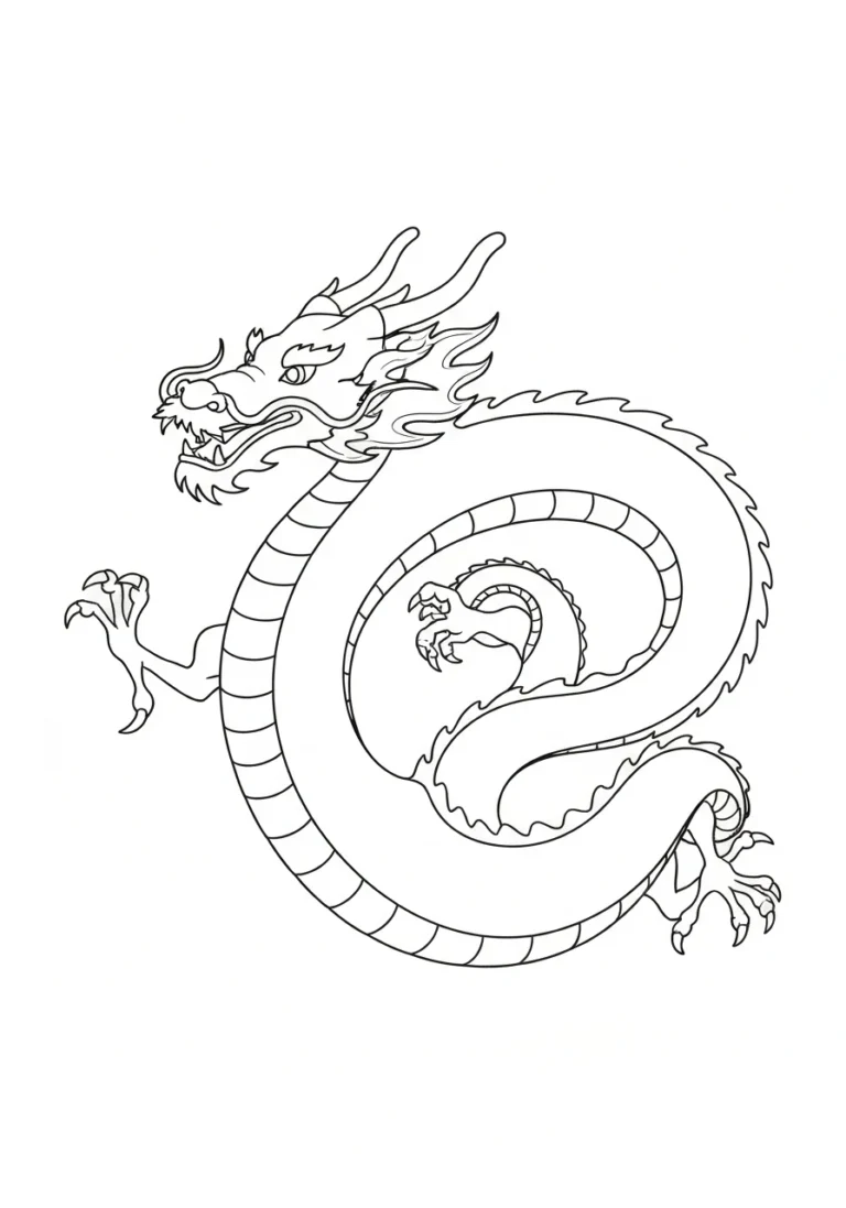 Smok chiński z długim ciałem - line-art kulturowy - kolorowanka line-art do druku