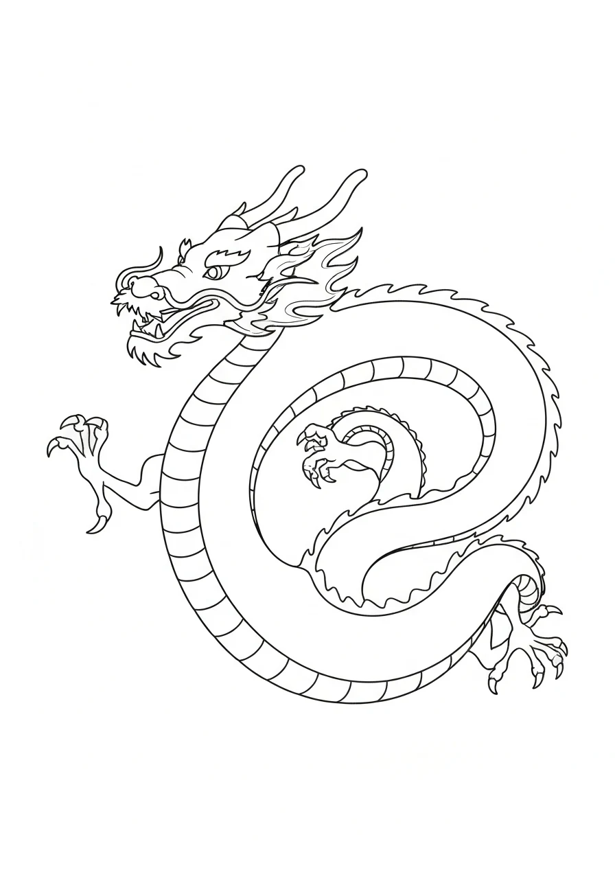 Smok chiński z długim ciałem - line-art kulturowy - kolorowanka line-art do druku
