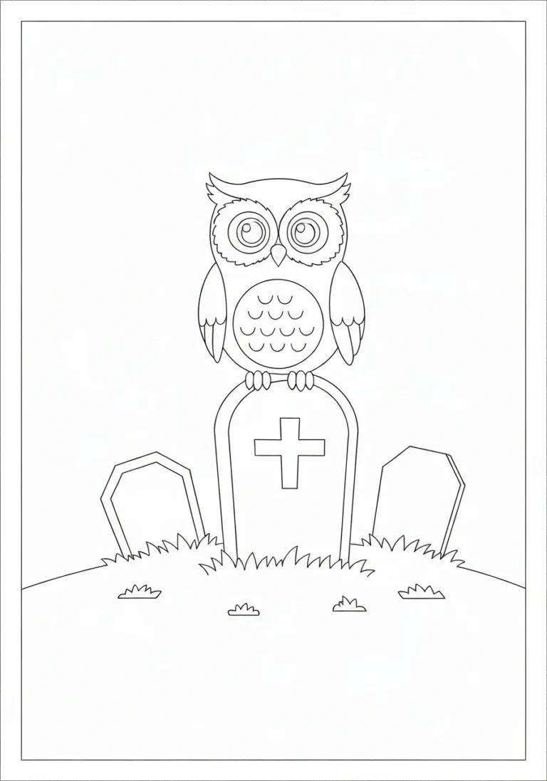 Sowa na cmentarzu - kolorowanka Halloween - kolorowanka line-art do druku
