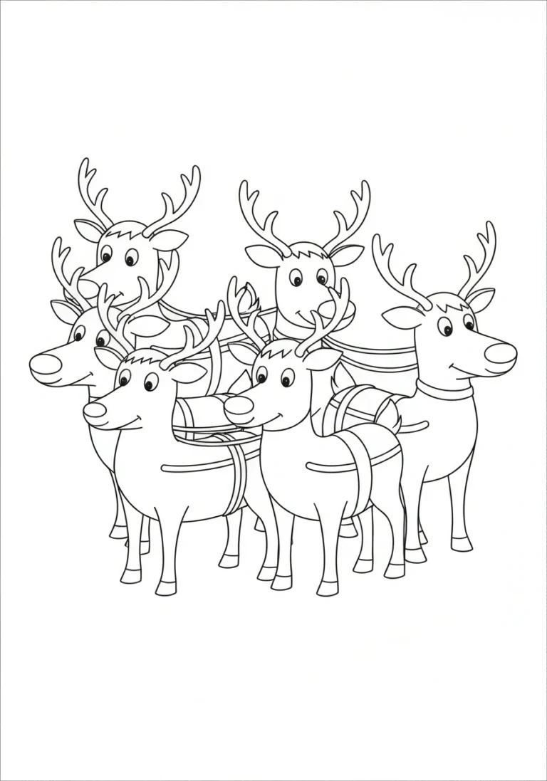 Stadko reniferów Mikołaja - kolorowanka dla dzieci - kolorowanka line-art do druku