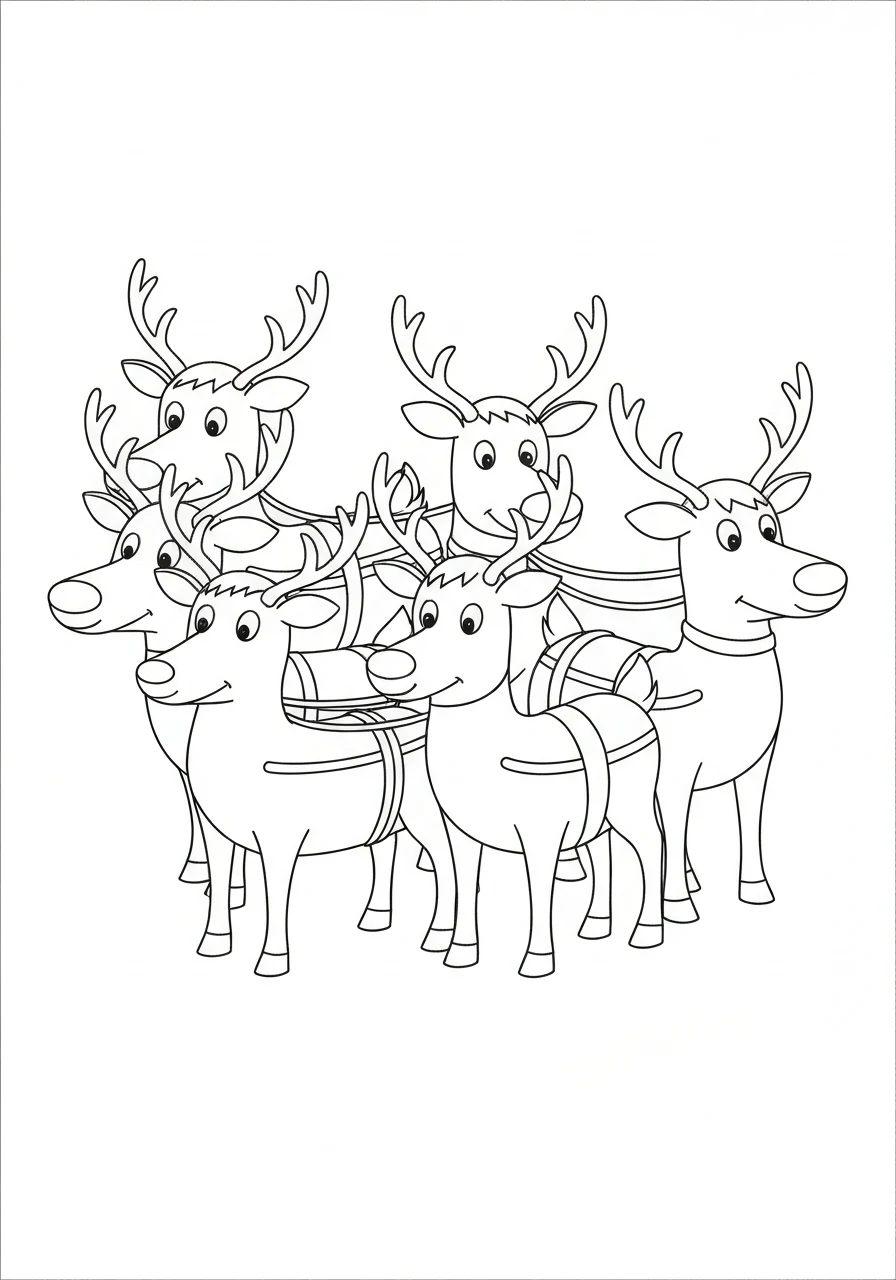 Stadko reniferów Mikołaja - kolorowanka dla dzieci - kolorowanka line-art do druku