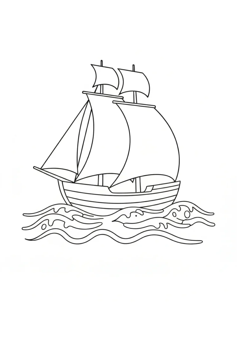 Statek na morzu - kolorowanka lato - kolorowanka line-art do druku