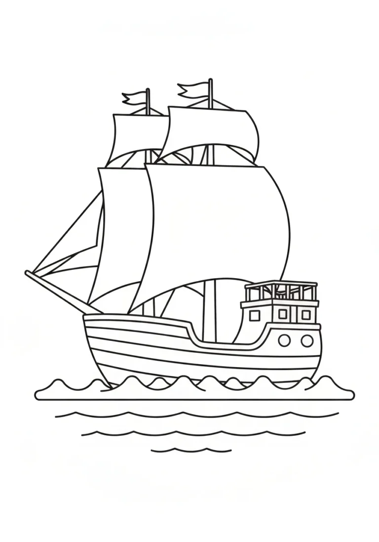 Statek na morzu - kolorowanka transport wodny - kolorowanka line-art do druku