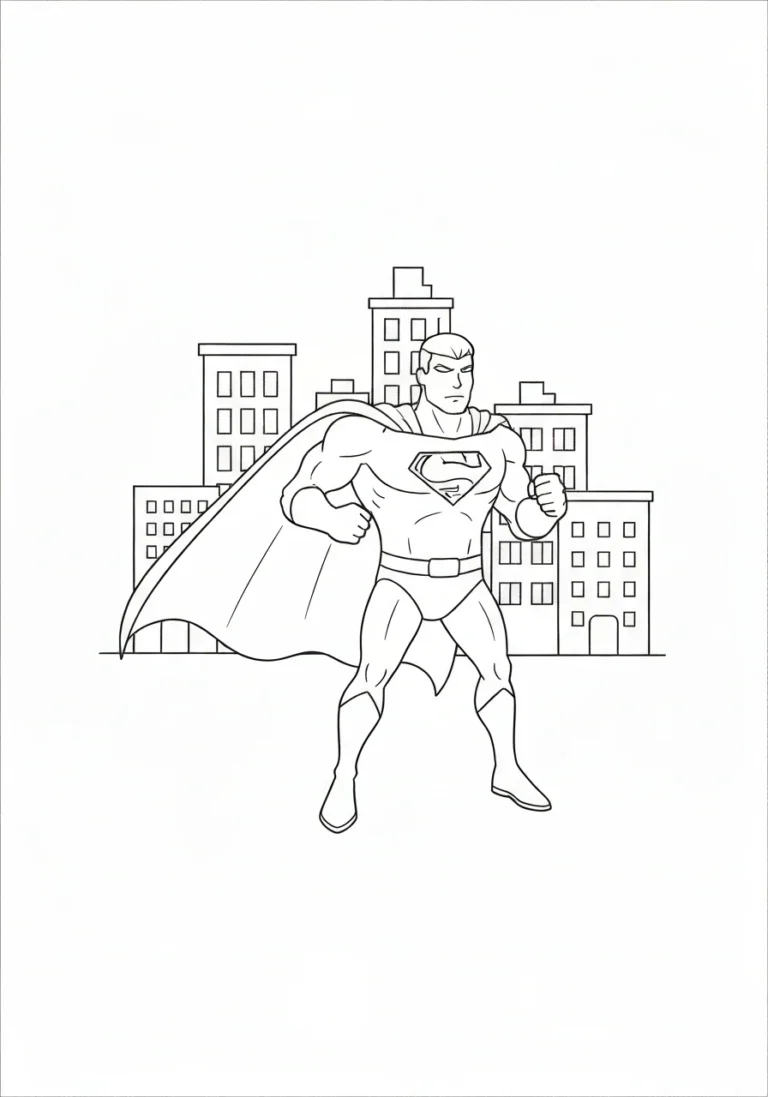 Superbohater ratuje miasto - line-art akcji - kolorowanka line-art do druku