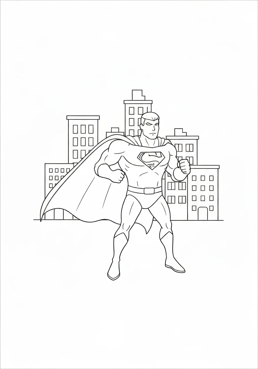 Superbohater ratuje miasto - line-art akcji - kolorowanka line-art do druku