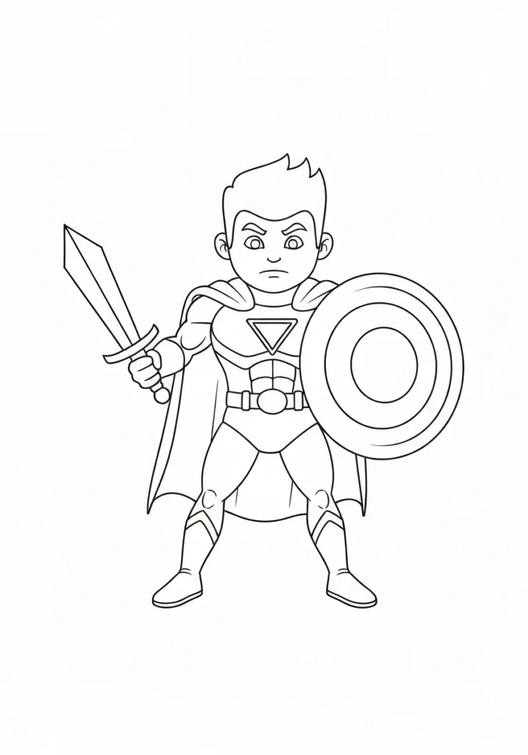 Superbohater z tarczą i mieczem - kolorowanka rycerz - kolorowanka line-art do druku