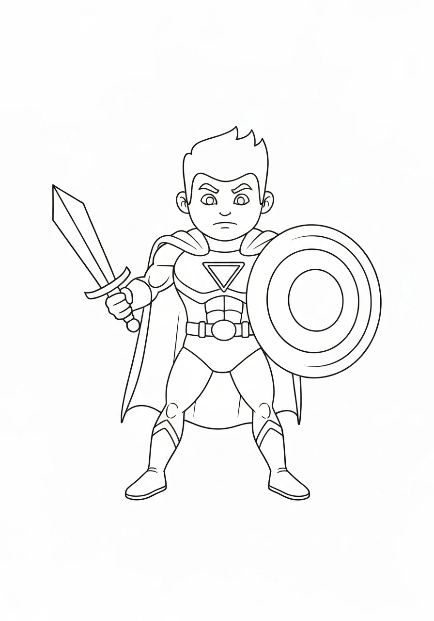 Superbohater z tarczą i mieczem - kolorowanka rycerz - kolorowanka line-art do druku